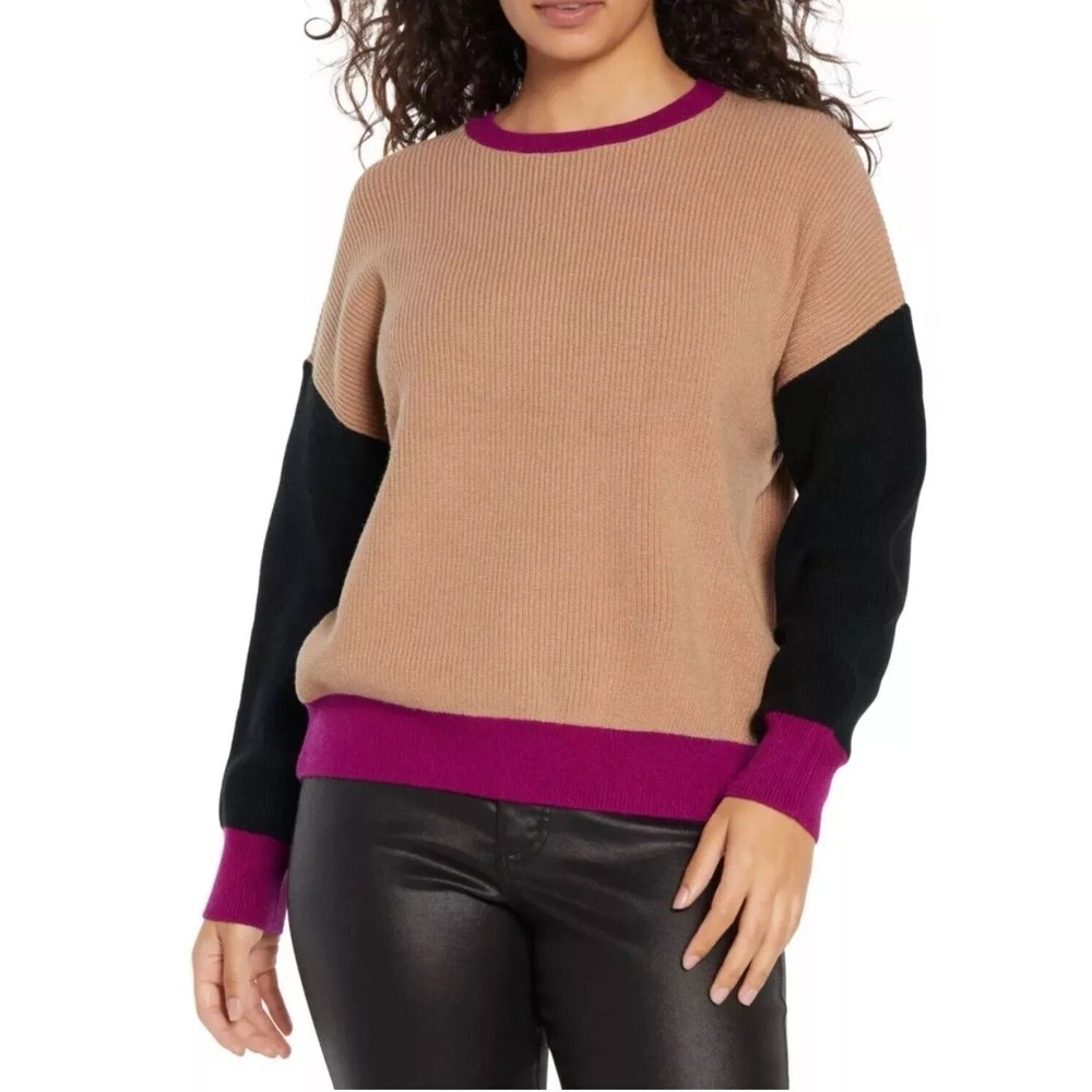 Express Womens Crewneck Relaxed Fit Colorblock Sweater Tan Black Fuchsia M NWT